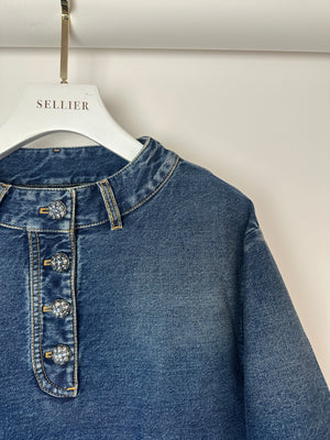 *HOT* Chanel 24S Denim Cropped Top with 3/4 Sleeves 
Floral Crystal CC Buttons Detail Size FR 38 (UK 10) RRP £3,450