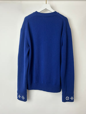 Louis Vuitton Menswear Blue Cashmere Jumper with White Logo Cuff Detail Size S (UK36/38)