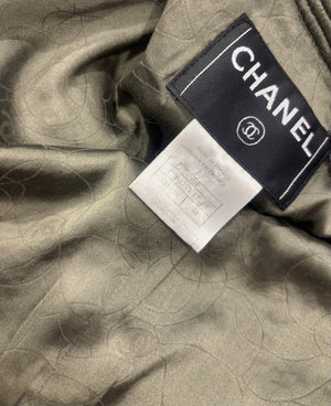 Chanel 03/P Khaki Green, Brown and Navy Checked Collarless Tweed Jacket with Front Pocket and Chanel Button Details Size FR 44 (UK 16)