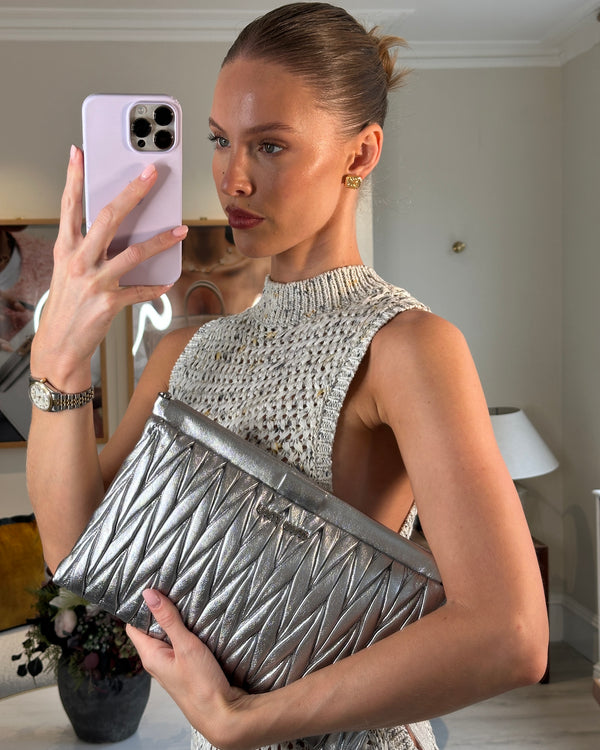 Miu Miu Metallic Wander Matelassé Nappa Leather Clutch On Chain Bag with Silver Hardware