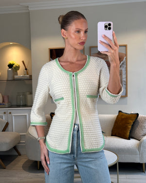 Chanel Cream Cashmere Belted Cardigan With Lilac 
Green Woven Trim and Pearl Details Size FR 42 (UK 14)