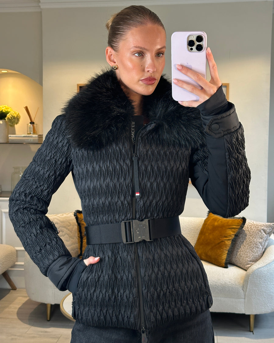 Moncler Black Grenoble Ruched Ski Jacket with Belt and Black Faux Fur Trim Size 2 (UK 12)