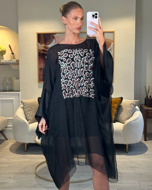 Christian Dior Black Long Sleeve Cape Dress with Pink Sequins Floral Detail Size FR 38 (UK 10)RRP4500£