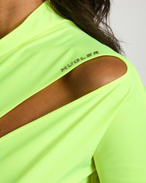 Mugler Neon Yellow Cut-Out Bodysuit with Logo Detail Size FR 42 (UK 14)