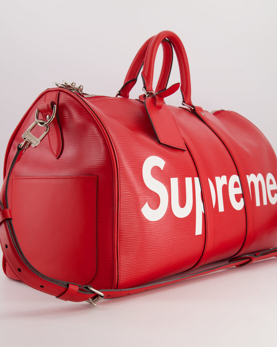 *RARE* Louis Vuitton x Supreme Red Epi Leather Keepall 45 Travel Bag with Silver Hardware