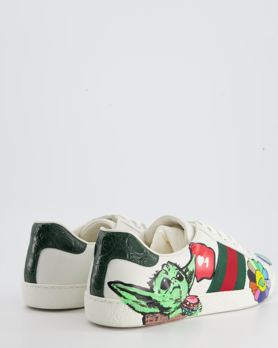 Gucci White Ace Custom Painted Leather Trainers Mens Size EU 43