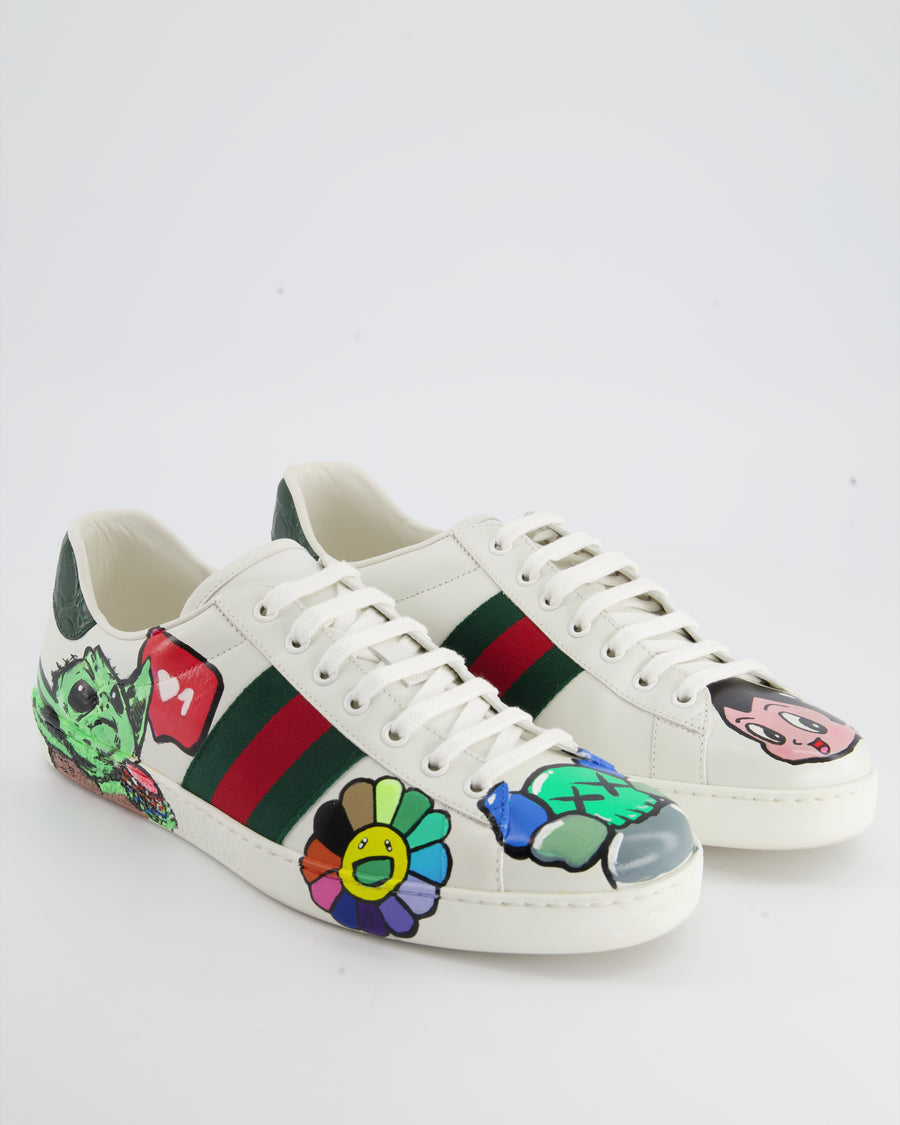 Gucci White Ace Custom Painted Leather Trainers Mens Size EU 43