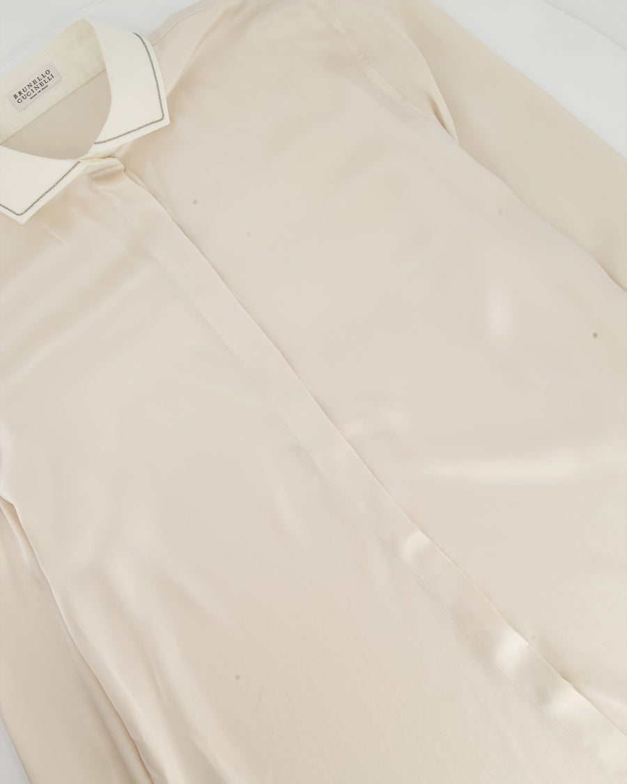 Brunello Cucinelli Cream Silk Shirt with Bead Collar details in Size L (UK 12-14)