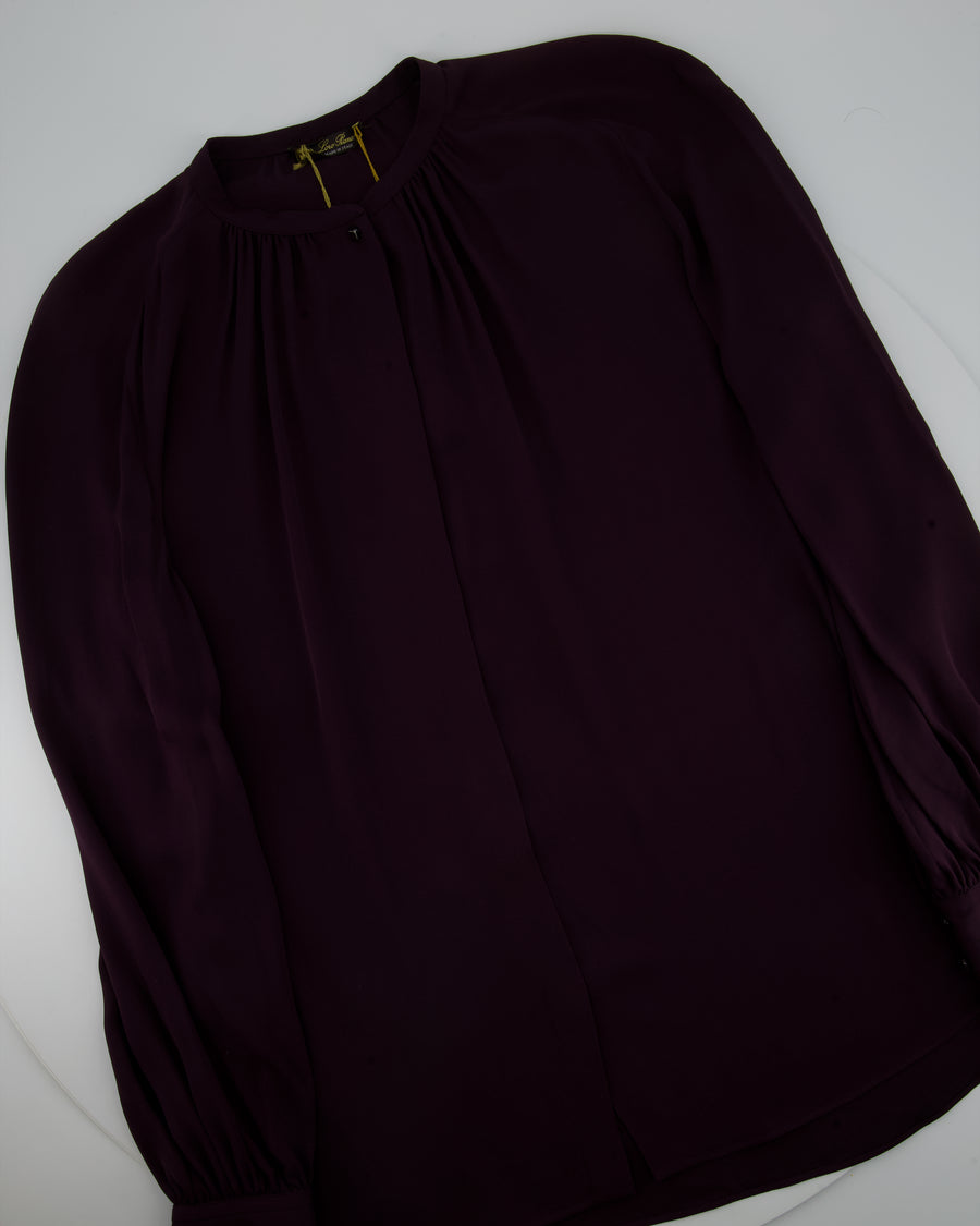 Loro Piana Dark Purple Matte Long-Sleeve Collarless Silk Shirt