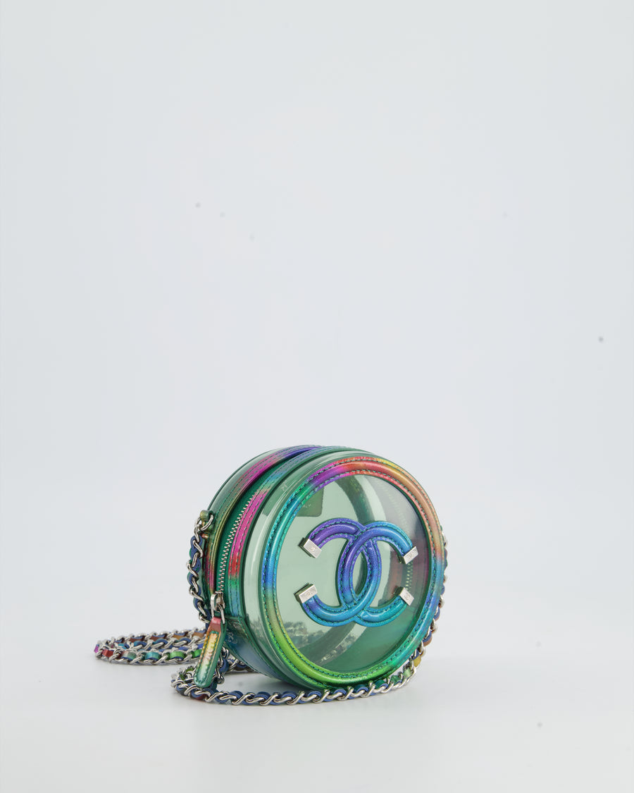 *HOT* Chanel Rainbow Green Filigree PVC CC Mini Round Crossbody Bag with Silver Hardware