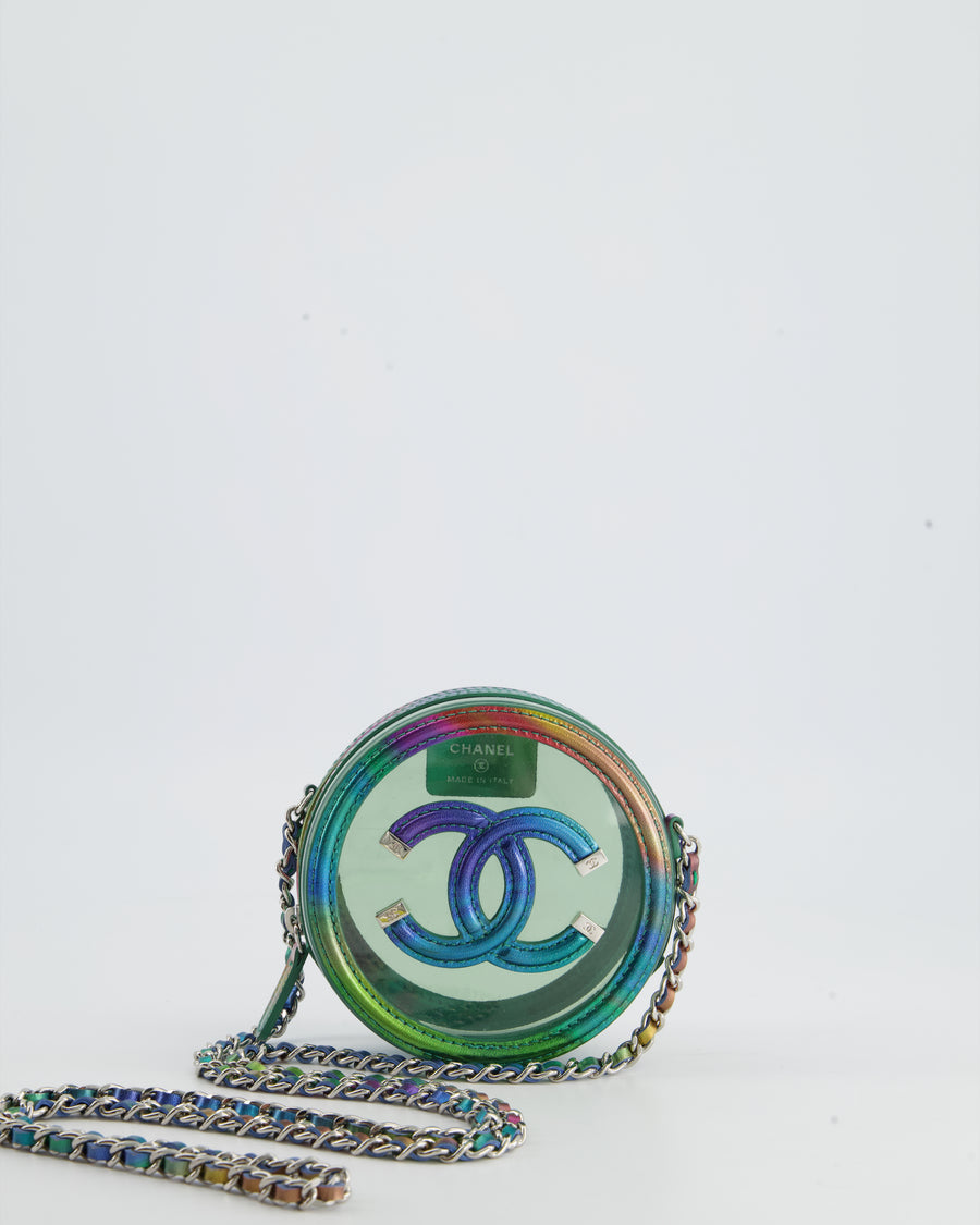 *HOT* Chanel Rainbow Green Filigree PVC CC Mini Round Crossbody Bag with Silver Hardware