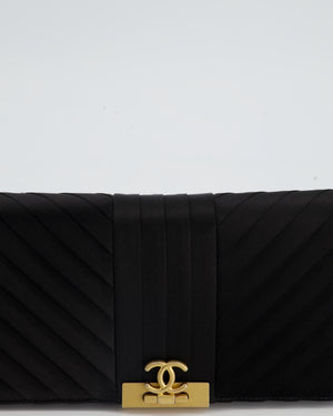 Chanel Black Satin Long-Line Clutch Bag with Brushed Gold Hardware and CC Detail