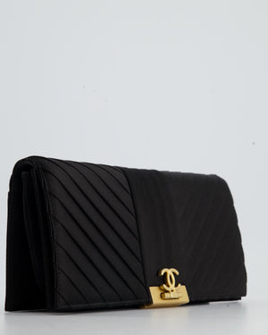 Chanel Black Satin Long-Line Clutch Bag with Brushed Gold Hardware and CC Detail