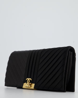 Chanel Black Satin Long-Line Clutch Bag with Brushed Gold Hardware and CC Detail