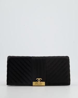 Chanel Black Satin Long-Line Clutch Bag with Brushed Gold Hardware and CC Detail