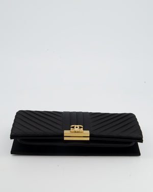 Chanel Black Satin Long-Line Clutch Bag with Brushed Gold Hardware and CC Detail