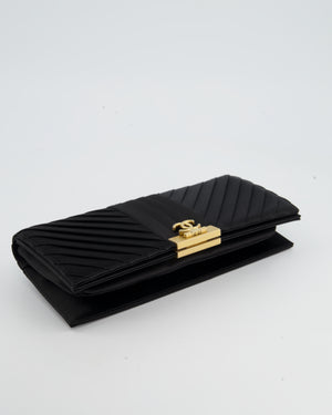 Chanel Black Satin Long-Line Clutch Bag with Brushed Gold Hardware and CC Detail