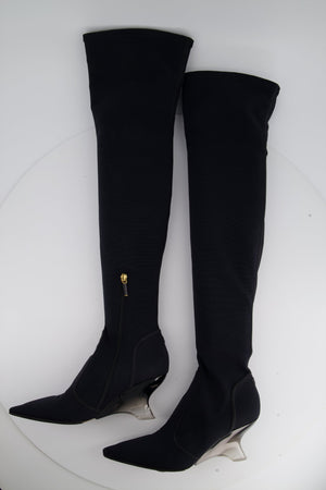 Christian Dior Navy Over-the-Knee Canvas Boots with PVC Heel Detail Size EU 39.5