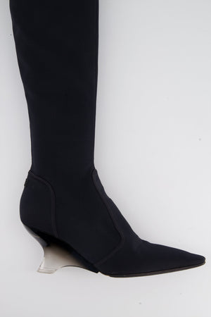 Christian Dior Navy Over-the-Knee Canvas Boots with PVC Heel Detail Size EU 39.5