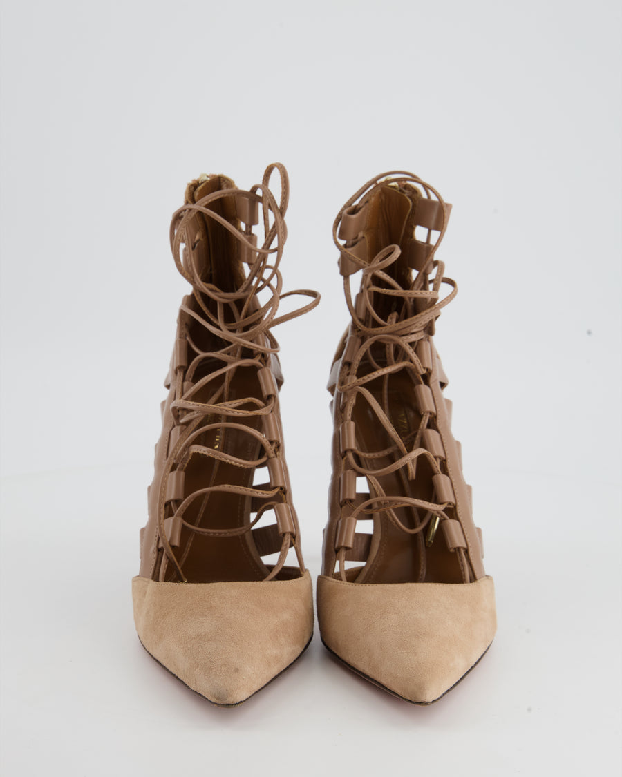 *FIRE PRICE* Aquazzura Beige Leather and Suede Lace Up Pointed Toe Heels Size EU 38