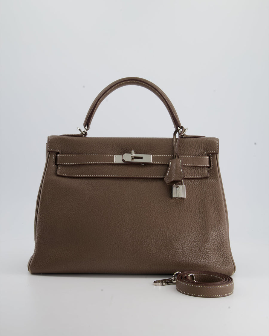 Hermès Kelly 32 Retourne Bag in Etoupe Clemence Leather with Palladium Hardware