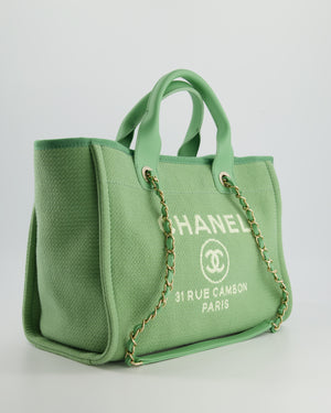 *HOT* Chanel Pistachio Green Canvas Small Deauville Tote Bag with Champagne Gold Hardware