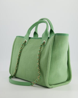 *HOT* Chanel Pistachio Green Canvas Small Deauville Tote Bag with Champagne Gold Hardware