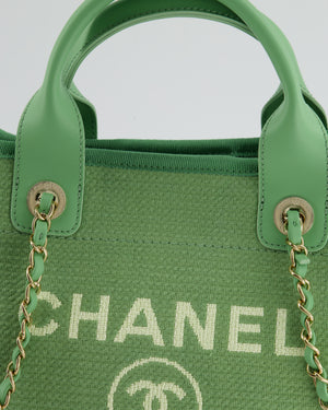 *HOT* Chanel Pistachio Green Canvas Small Deauville Tote Bag with Champagne Gold Hardware