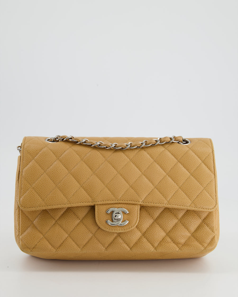 Chanel Chai Latte Medium Classic Double Flap Bag in Caviar with Silver Hardware