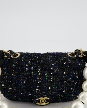 Chanel Navy Sequin Tweed Mini Rectangular Bag with Pearl Rope Handle and Champagne Gold Hardware