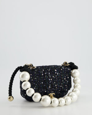 Chanel Navy Sequin Tweed Mini Rectangular Bag with Pearl Rope Handle and Champagne Gold Hardware