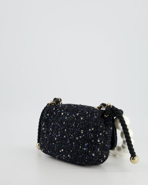 Chanel Navy Sequin Tweed Mini Rectangular Bag with Pearl Rope Handle and Champagne Gold Hardware