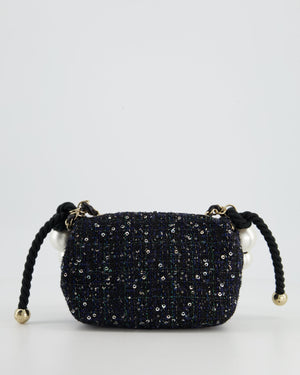 Chanel Navy Sequin Tweed Mini Rectangular Bag with Pearl Rope Handle and Champagne Gold Hardware