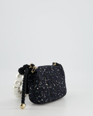 Chanel Navy Sequin Tweed Mini Rectangular Bag with Pearl Rope Handle and Champagne Gold Hardware