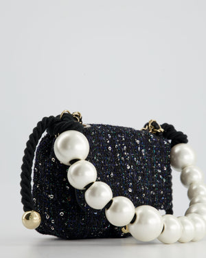 Chanel Navy Sequin Tweed Mini Rectangular Bag with Pearl Rope Handle and Champagne Gold Hardware