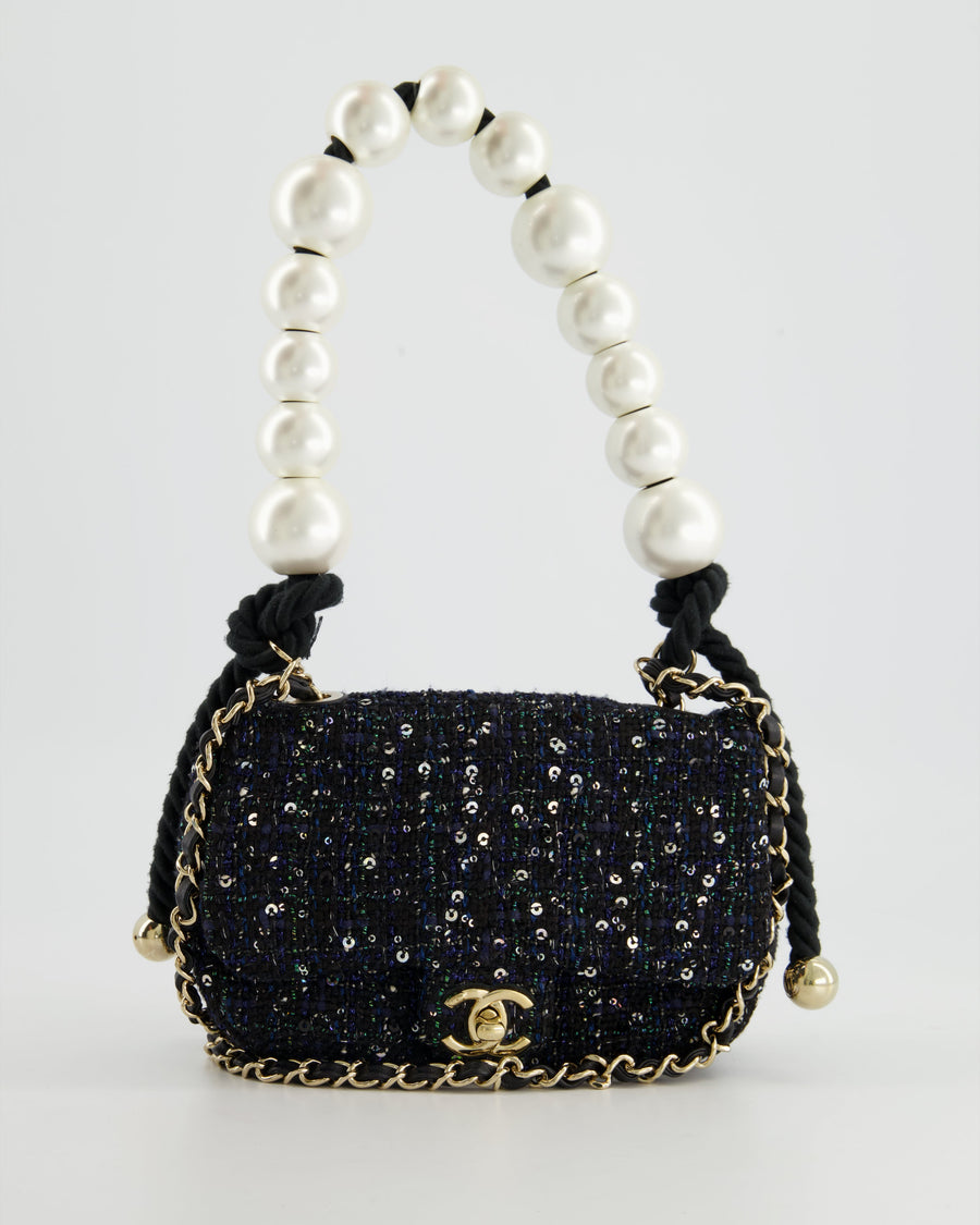 Chanel Navy Sequin Tweed Mini Rectangular Bag with Pearl Rope Handle and Champagne Gold Hardware