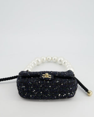 Chanel Navy Sequin Tweed Mini Rectangular Bag with Pearl Rope Handle and Champagne Gold Hardware