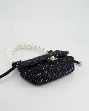 Chanel Navy Sequin Tweed Mini Rectangular Bag with Pearl Rope Handle and Champagne Gold Hardware