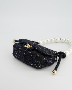 Chanel Navy Sequin Tweed Mini Rectangular Bag with Pearl Rope Handle and Champagne Gold Hardware