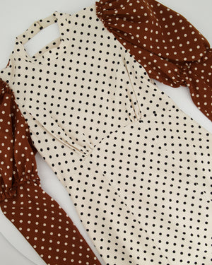 Rejina Pyo Cream, Brown Polka Dot Long-Sleeve Midi Dress Size UK 10