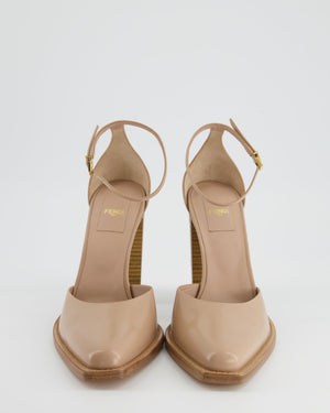 Fendi Beige Leather Heels with Wooden FF Cut Out Heel Details Size EU 39