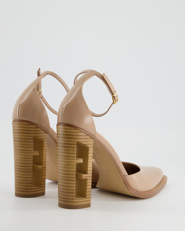 Fendi Beige Leather Heels with Wooden FF Cut Out Heel Details Size EU 39