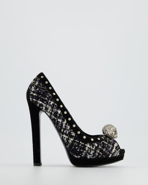 Alexander McQueen Black, White Tweed High Heel with Skull Silver Detail Size EU 38