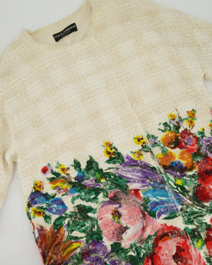 Dolce 
Gabbana Cream Tweed Short Sleeve Long Jacket With Floral Print Detail Size IT 38 (UK 6)