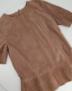 Brunello Cucinelli Nude Suede Short Sleeve Panelled Top with Zip Detail IT 42 (UK 10)