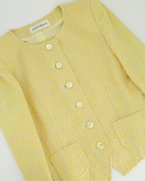 Yves Saint Laurent Pastel Yellow, Pink and Blue Tweed Jacket and Skirt Set Detail Size FR 36 (UK 8)