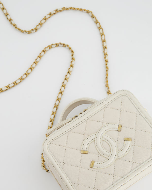 Chanel White Small Vanity Case Bag in Caviar Leather with Champagne Gold Hardware