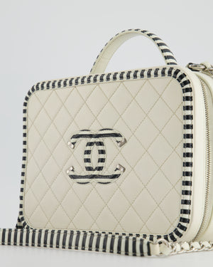 *HOT* Chanel White Caviar Vanity Case with Zebra Motif CC Logo and Silver Hardware