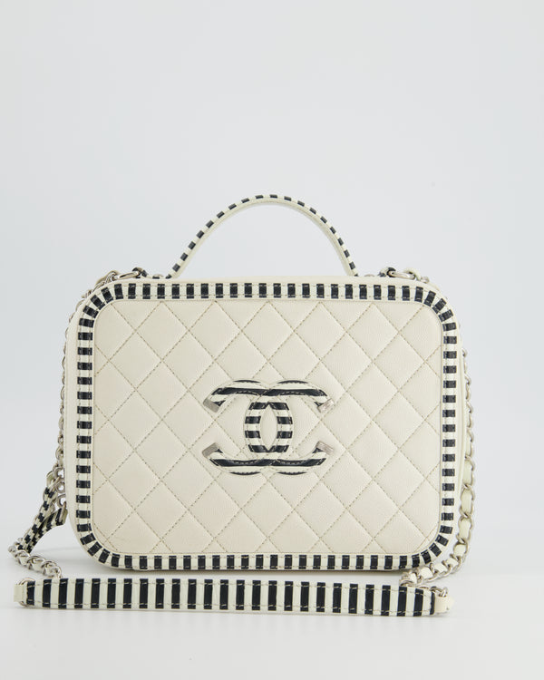 *HOT* Chanel White Caviar Vanity Case with Zebra Motif CC Logo and Silver Hardware