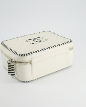 *HOT* Chanel White Caviar Vanity Case with Zebra Motif CC Logo and Silver Hardware